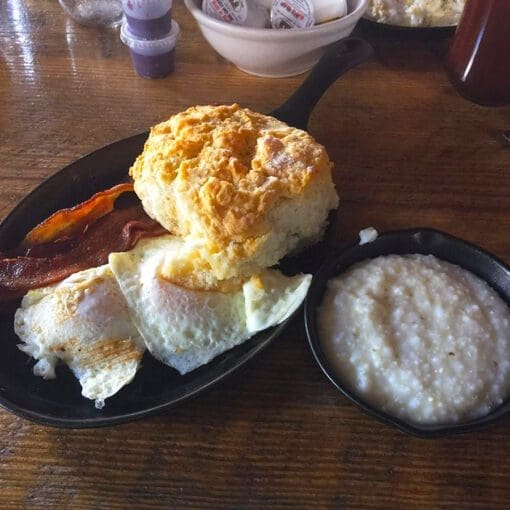 The "Traditional" with Two Eggs, Bacon, Grits and a Biscuit.